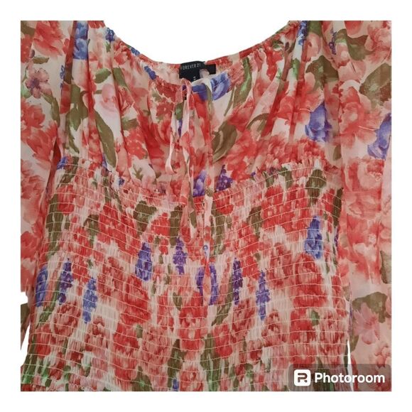 Forever 21 White Pink Floral Smocked Mini Dress - Picture 3 of 4